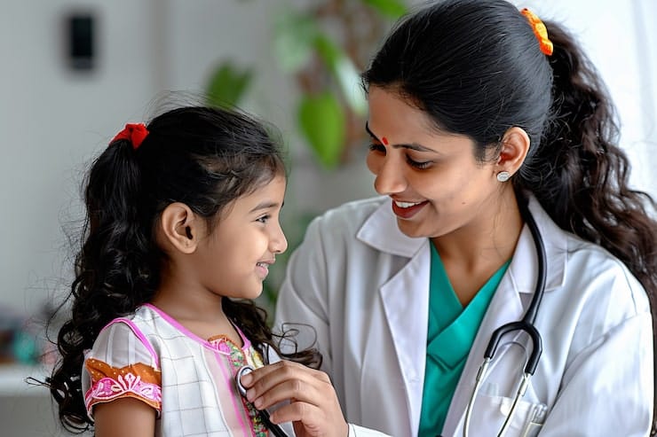 A doctor examining a young child — compassionate paediatric care